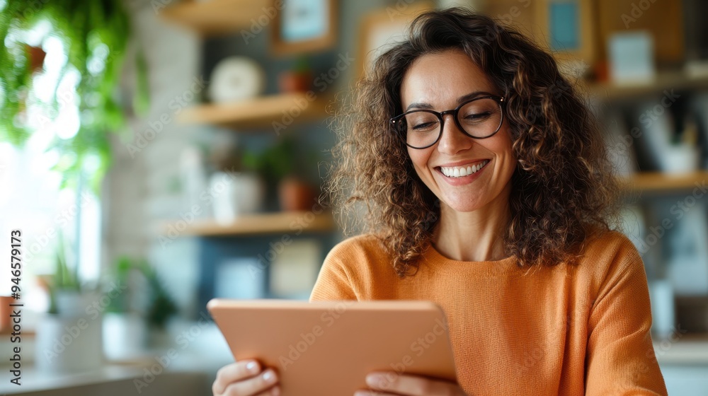 A smiling woman with curly hair and glasses is holding a tablet indoors. She's dressed in an orange sweater, with a cozy and warm atmosphere around her. A smiling woman with curly hair and glasses is holding a tablet indoors. She's dressed in an orange sweater, with a cozy and warm atmosphere around her.