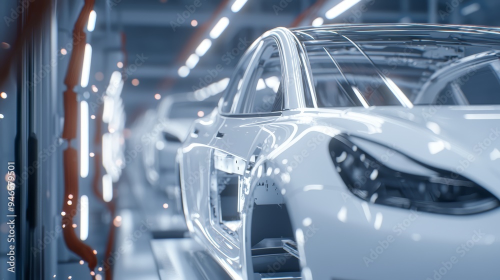A high-tech automotive assembly line, with cars being constructed by precise robotic systems