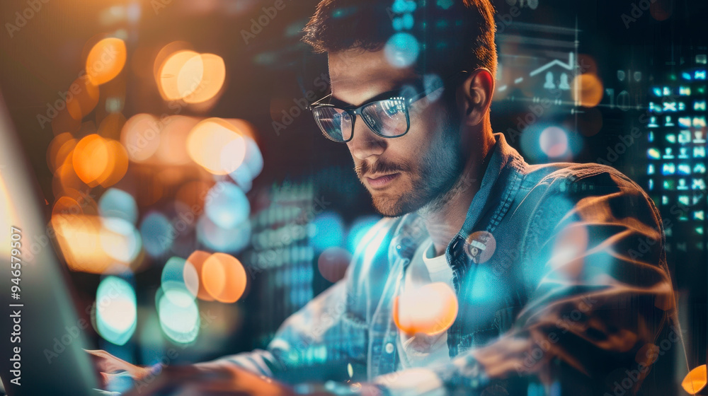 Man Working on Laptop Surrounded by Digital Data. Man in glasses working intently on his laptop, surrounded by digital data visuals, representing data analysis, technology, and the modern gig economy. Man Working on Laptop Surrounded by Digital Data. Man in glasses working intently on his laptop, surrounded by digital data visuals, representing data analysis, technology, and the modern gig economy.