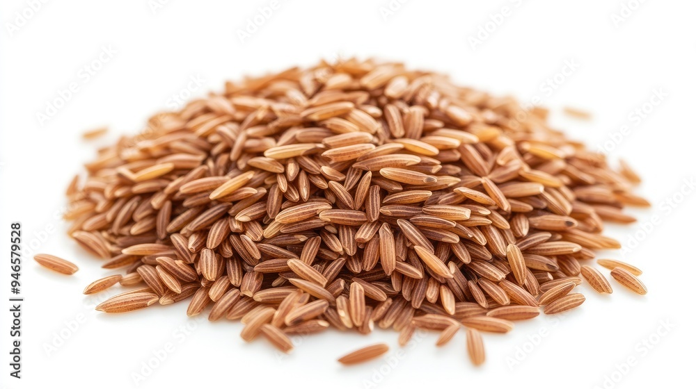 Fototapeta premium Close-up of brown rice grains piled neatly in a small mound on a white background, highlighting their natural texture and color, no people.