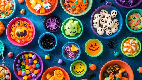 A variety of Halloween treats arranged in colorful bowls with spooky decorations creating a vibrant and playful atmosphere