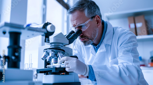 Male Scientist Examining Sample Under Microscope. A male scientist in a laboratory setting, closely examining a sample under a microscope, precision and dedication required in scientific research.