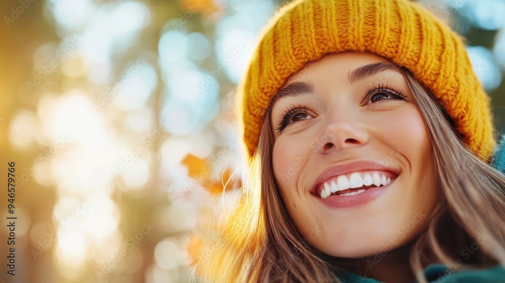 A woman smiles brightly while wearing a yellow knit hat, enjoying a sunny autumn day outdoors. The background is filled with blurred autumn foliage and sunlight. A woman smiles brightly while wearing a yellow knit hat, enjoying a sunny autumn day outdoors. The background is filled with blurred autumn foliage and sunlight.