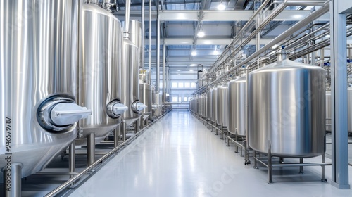 A large-scale dairy processing plant, with automated milking systems and rows of stainless steel tanks