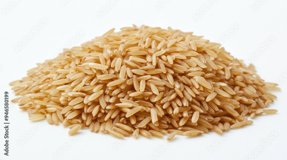 Close-up of brown rice grains piled neatly in a small mound on a white background, highlighting their natural texture and color, no people. Close-up of brown rice grains piled neatly in a small mound on a white background, highlighting their natural texture and color, no people.