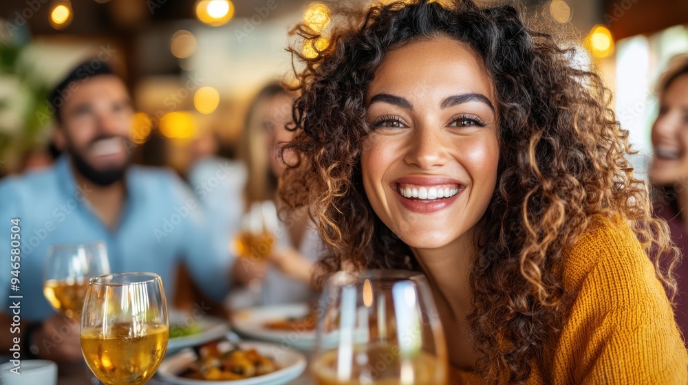 A joyful woman with curly hair smiles brightly while sharing a happy moment during an indoor gathering, surrounded by warm lighting and the friendly company of friends. A joyful woman with curly hair smiles brightly while sharing a happy moment during an indoor gathering, surrounded by warm lighting and the friendly company of friends.