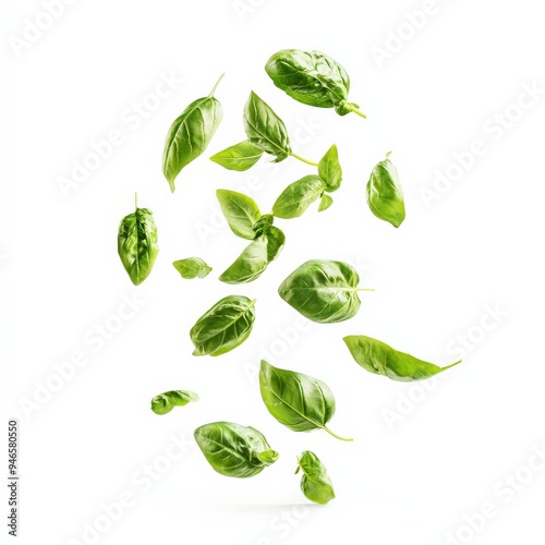 Fresh Basil Leaves Falling in Air.