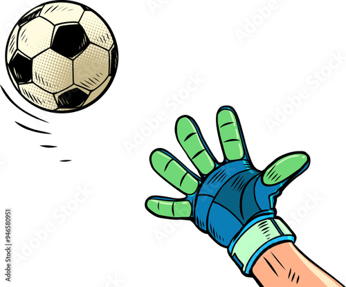 The goalkeeper's hand tries to catch the soccer ball. Football sporting events. Catch the ball and succeed.