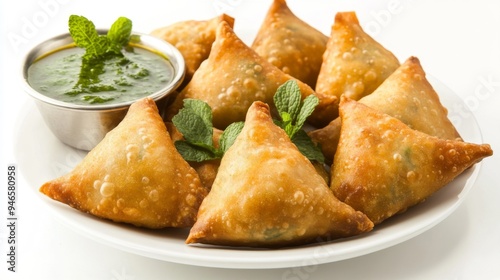 A plate of Indian samosas with a side of mint chutney and tamarind sauce, arranged on a white background, capturing the crispiness and vibrant colors of the appetizers.