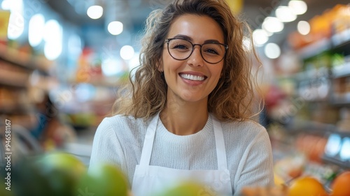 A happy woman with glasses is smiling in the grocery store aisle. She stands surrounded by various items on the shelves, portraying a bright and cheerful setting.