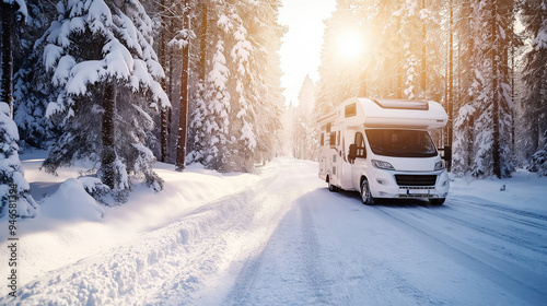 White Motorhome on Snow-Covered Road in a Winter Forest photo