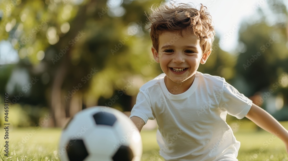 A young boy with a joyful expression wearing a white shirt plays soccer on a grassy field on a sunny day, exuding happiness and carefree childhood vibes.