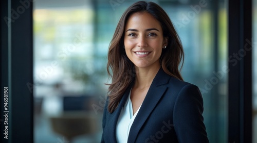 A portrait of a businesswoman with a bright, engaging smile, dressed in a tailored suit and standing in front of a sleek office background.