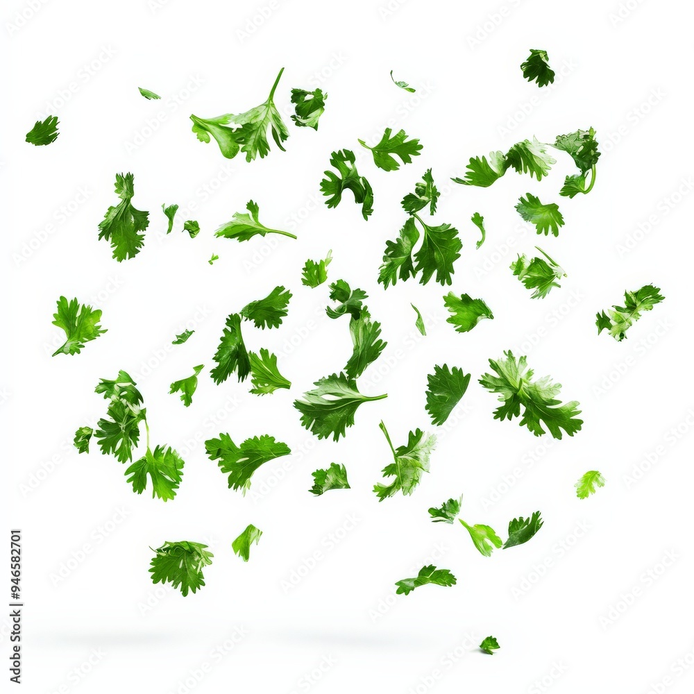 Fototapeta premium Fresh Green Parsley Leaves Falling Isolated On White Background.