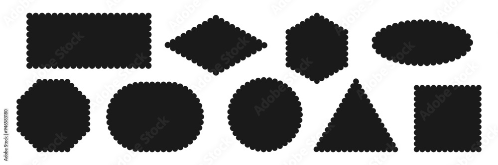 Black wavy edge Geometric shapes. Scalloped frame icon. Rectangle Ellipse triangle rhombus Box. Simple blank Tag Label Stamp mark Badge element for design Black wavy edge Geometric shapes. Scalloped frame icon. Rectangle Ellipse triangle rhombus Box. Simple blank Tag Label Stamp mark Badge element for design