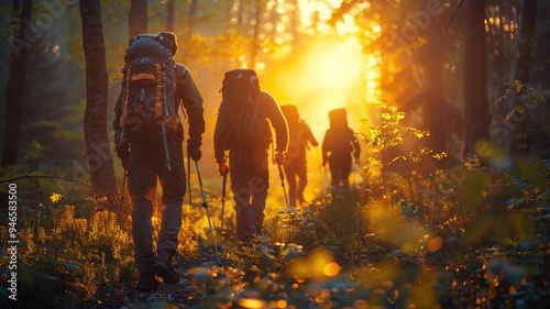 Hikers Walking Through Sunlit Forest Trails at Dawn.