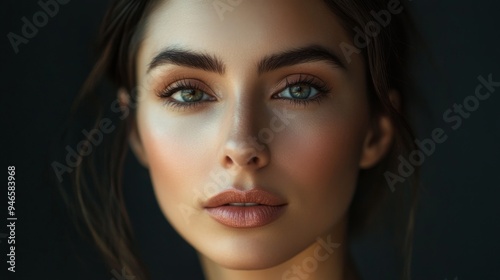 A professional portrait of a woman with even, smooth skin, wearing light makeup, captured with soft, flattering lighting to enhance her natural beauty.