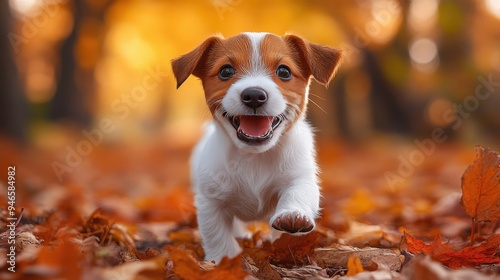 Inquisitive Jack Russell Terrier Puppy Sniffing Around a Beautiful Autumn Alley with a Carpet of Golden Leaves