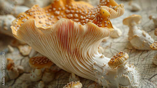 Close-up of golden chanterelle mushroom with delicate gills. Concept of foraging, gourmet cuisine, and natural beauty in fungi.