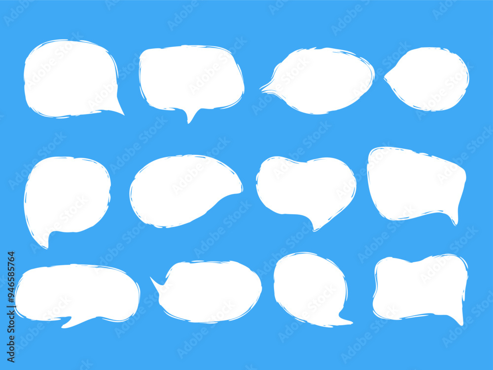 Brush Drawn Message clouds set. Speech bubble Collection. Doodle communication icon. White Textbox Frame isolated on blue background. Fun cute question comment feedback Balloon. Vector illustration Brush Drawn Message clouds set. Speech bubble Collection. Doodle communication icon. White Textbox Frame isolated on blue background. Fun cute question comment feedback Balloon. Vector illustration