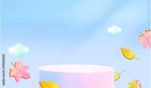 Autumn background with podium and fall 3d leaves. Product scene sale platform. Season mockup product display. Vector cartoon illustration