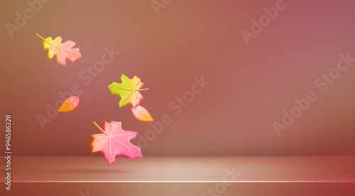 Autumn background. Fall 3d leaves in autumn studio room for season product presentation or sale. 3d countertop corner mockup. Vector realistic illustration