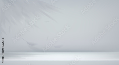 Grey empty studio room bg. Gray concrete wall with shadow leaves and white kitchen podium table. 3d white countertop with corner of the room for product presentation. Vector realistic illustration