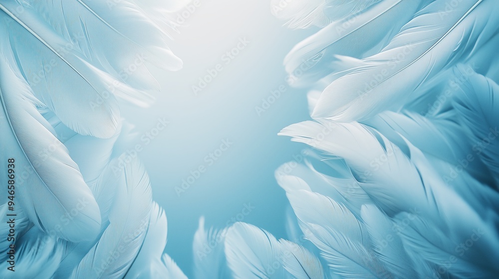 Naklejka premium A gentle composition of soft blue feathers creating a serene and peaceful visual, perfect for calming and airy design backgrounds.