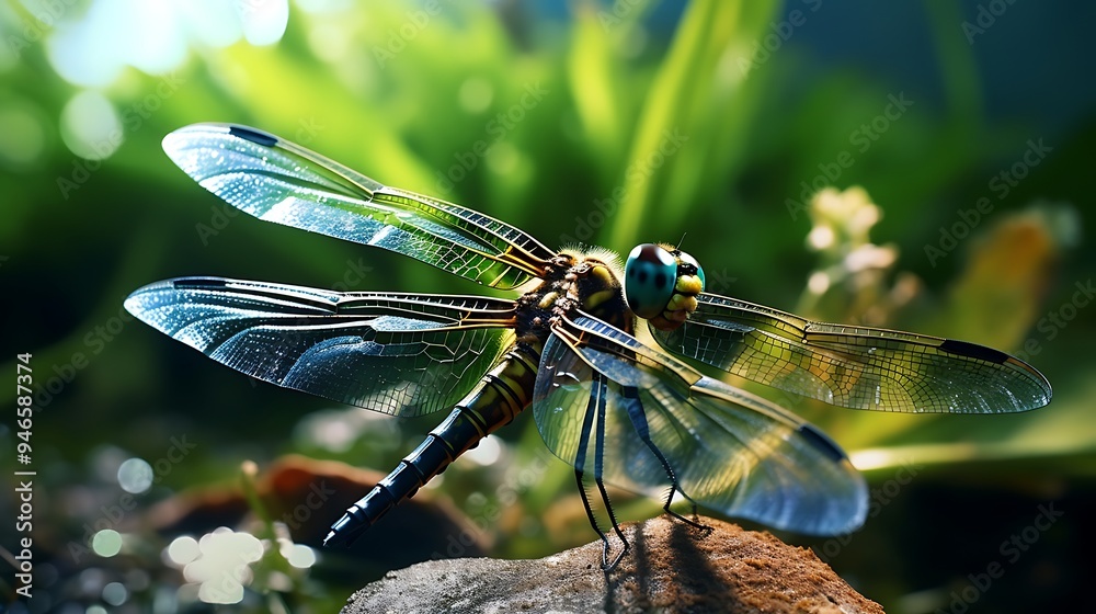 Naklejka premium A close-up shot of a dragonfly in flight, showcasing the dynamic movement and transparent beauty of its wings in breathtaking