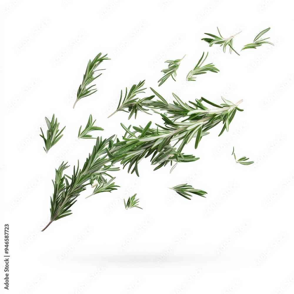 Fototapeta premium Fresh Rosemary Sprigs Falling on White Background.