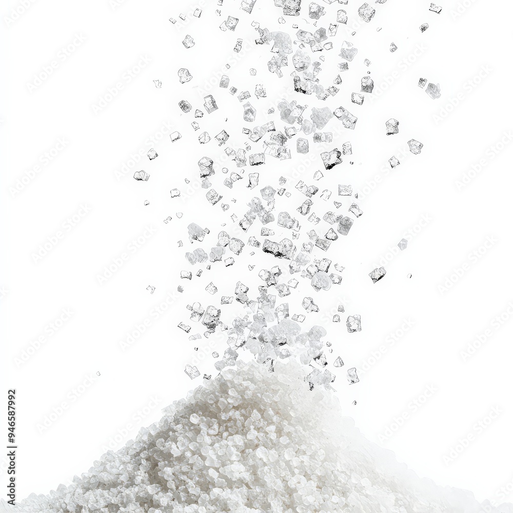 White Sugar Crystals Falling On White Background. White Sugar Crystals Falling On White Background.