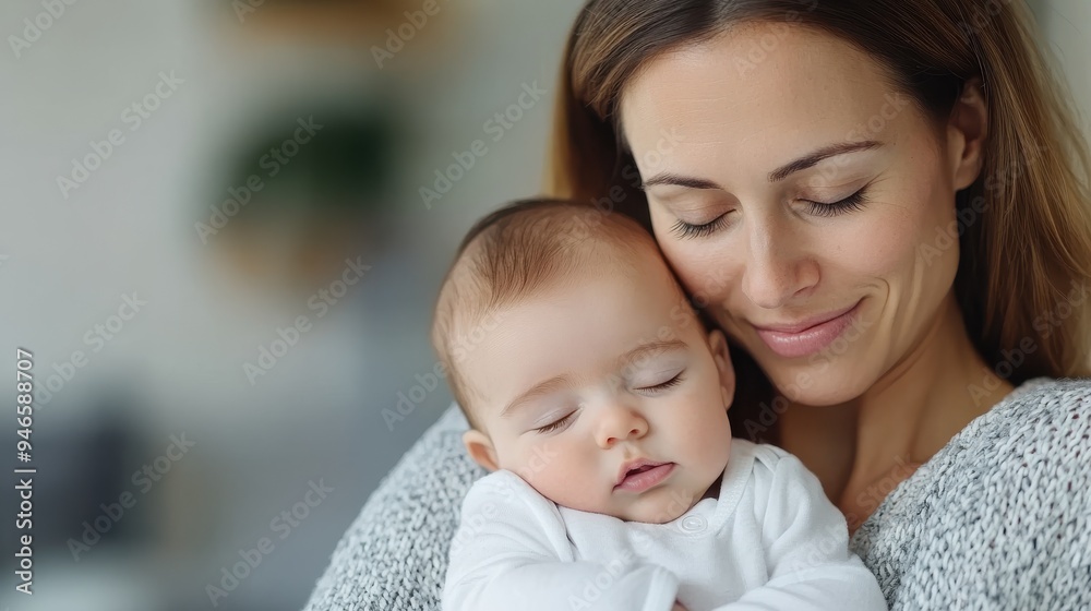 A mother lovingly holds her sleeping baby while softly smiling, embodying warmth, love, and the deep connection between parent and child which is heartwarming and serene. A mother lovingly holds her sleeping baby while softly smiling, embodying warmth, love, and the deep connection between parent and child which is heartwarming and serene.