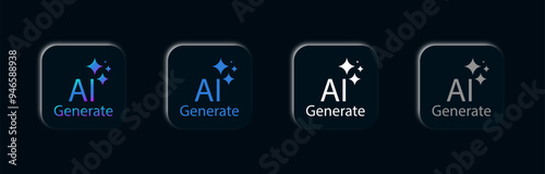 Create AI button. Artificial intelligence technology concept. Click AI button to generate ideas. Chat with AI. Dark UI UX design, Vector illustration.