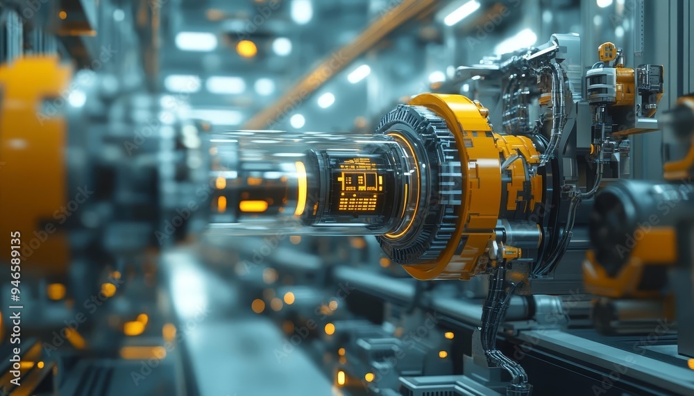 Intricate 3D model of automated machinery in a futuristic factory, hightech manufacturing environment Intricate 3D model of automated machinery in a futuristic factory, hightech manufacturing environment