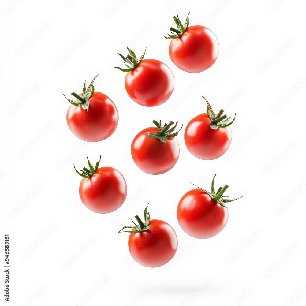 Cherry Tomatoes Falling on White Background. Cherry Tomatoes Falling on White Background.