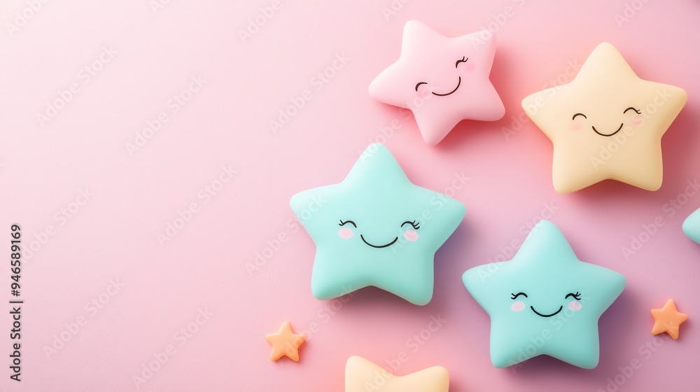 Cute stars with smiling faces, scattered across a soft pastel background, cheerful and playful design, with ample copy space for text Cute stars with smiling faces, scattered across a soft pastel background, cheerful and playful design, with ample copy space for text