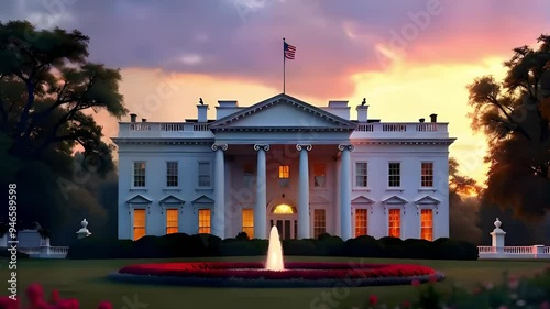 The White House at Sunset with a Fountain in the Foreground photo