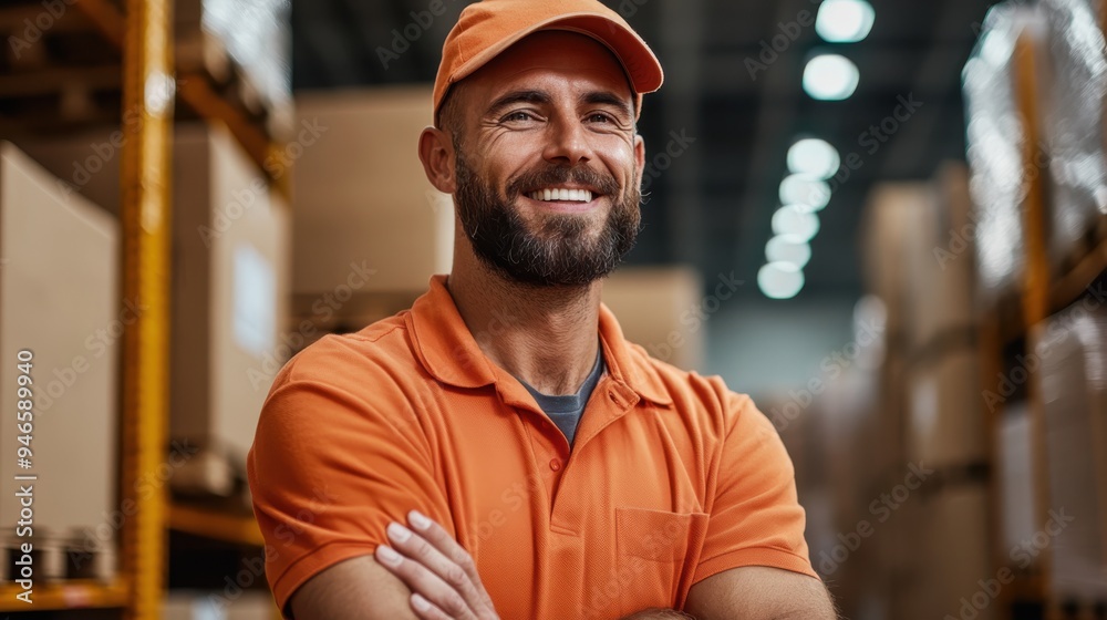 Fototapeta premium A male warehouse worker wearing an orange uniform smiles confidently, standing with his arms crossed in a well-organized warehouse filled with shelves and boxes.