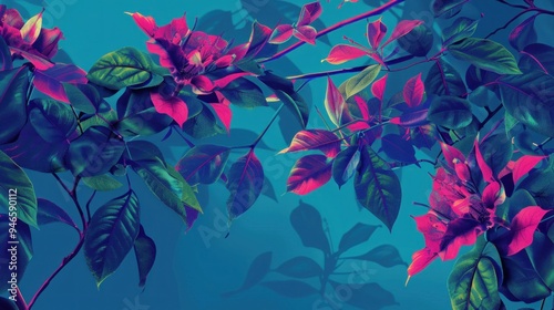 Artistic Representation of Vibrant Flowers and Leaves on a Turquoise Background