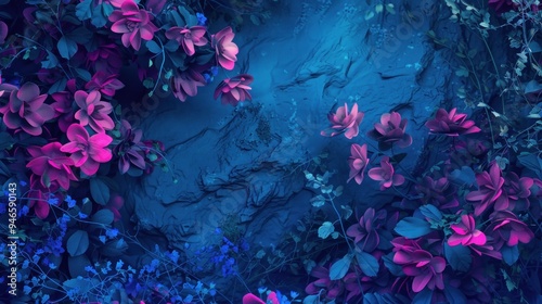 Artistic Representation of Vibrant Flowers and Leaves on a Turquoise Background