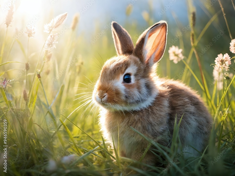 Fototapeta premium A cute rabbit sitting in a sunlit meadow surrounded by wildflowers during a warm spring afternoon