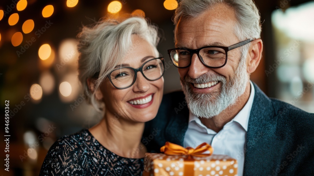 An elderly couple with glasses and bright smiles joyfully hold a wrapped gift during a celebration. Warm, festive lighting and a decorated background create a cozy atmosphere. An elderly couple with glasses and bright smiles joyfully hold a wrapped gift during a celebration. Warm, festive lighting and a decorated background create a cozy atmosphere.