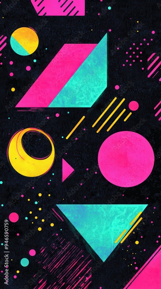 Bright geometric shapes in pink, yellow, and turquoise contrast against a black background, creating an eye-catching retro aesthetic Bright geometric shapes in pink, yellow, and turquoise contrast against a black background, creating an eye-catching retro aesthetic