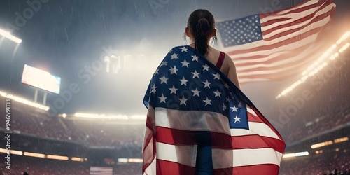 A young girl with dark hair wearing an American flag draped over his shoulders, standing in a stadium setting with heavy rain in the background  photo