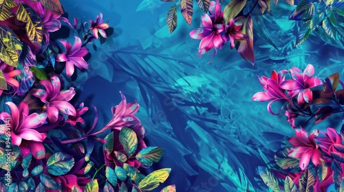 Artistic Representation of Vibrant Flowers and Leaves on a Turquoise Background