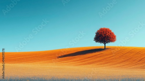 Solitary Red Tree on a Rolling Hill with Golden Field