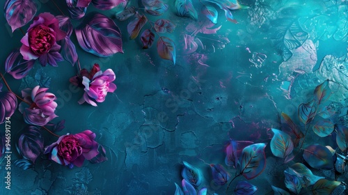 Artistic Representation of Vibrant Flowers and Leaves on a Turquoise Background