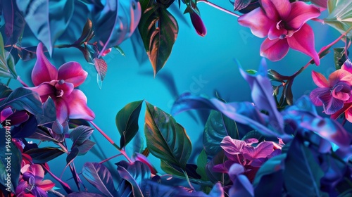 Artistic Representation of Vibrant Flowers and Leaves on a Turquoise Background