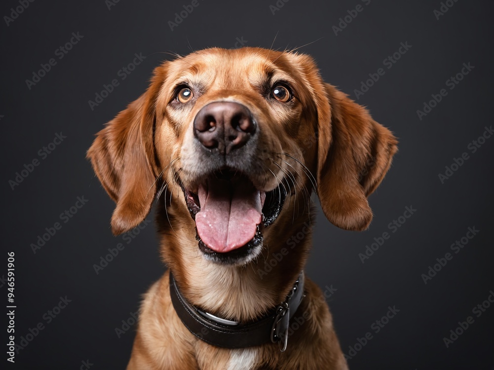 Happy golden retriever with an expressive face against a dark background, captured in a close-up shot, showcasing its joyful personality Happy golden retriever with an expressive face against a dark background, captured in a close-up shot, showcasing its joyful personality