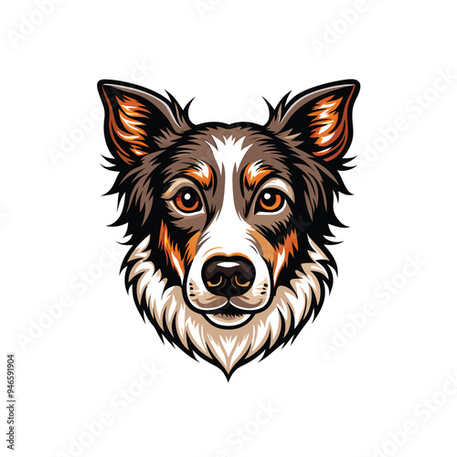 A close-up vector illustration of a loyal dog with brown, white and orange fur, looking directly at the viewer.